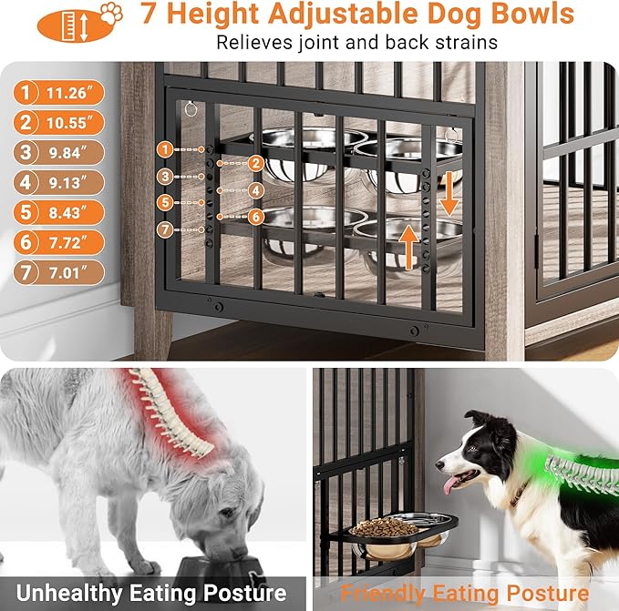 37.7" Dog Crate Furniture, Wooden Dog Kennel Indoor with 360° Rotating Feeder and 2 Adjustable Bowls, Multi-Functional Decorative Side End Table Dog Cage for Medium Dogs, Grey