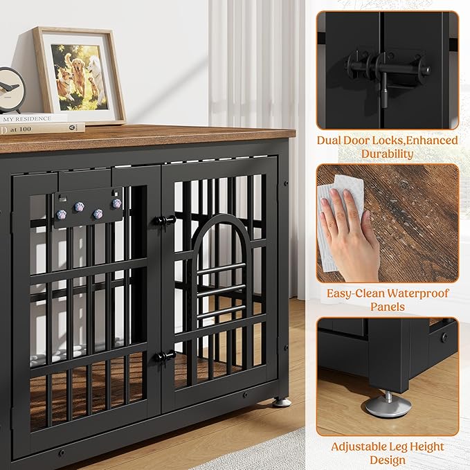 Lulive Dog Crate Furniture 37.8" Wooden Dog Kennel Table with Bowls Heavy Duty Dog Crates for Small/Medium/Large Dogs, Dog Kennel Furniture Indoor as TV Stand End Table,Brown