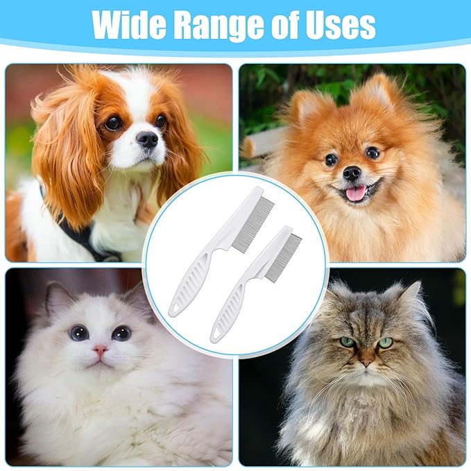 2 Pcs Flea Comb for Dogs and Cats, Stainless Steel Pet Grooming Combs Fine Tooth Dog Comb Pet Hair Removal Tool for Grooming Massaging and Cleaning (2 Sizes)