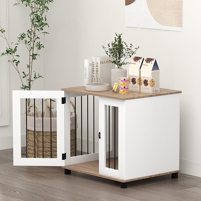 PawHut Dog Crate Furniture, Side Table Indoor Dog Kennel, End Table with Lockable Door for Small and Medium Dogs, Walnut Brown