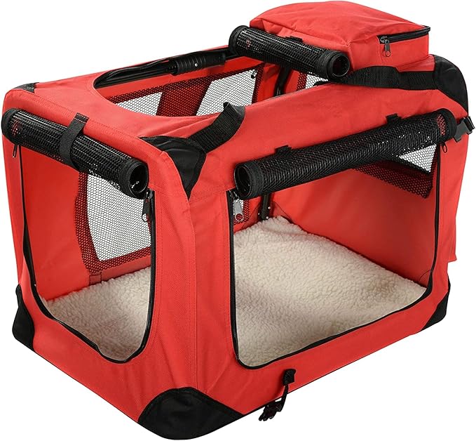 MOOL Lightweight Fabric Pet Carrier Crate with Fleece Mat and Food Bag, Red
