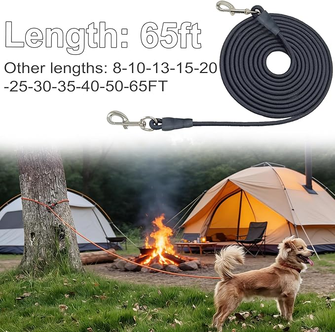 65FT Dog Tie Out Leash, Long Tether 8-10-13-15-20-25-30-35-40-50 FT Nylon Rope Check Cord for Medium Large Dogs Outdoor Yard Playing Camping Backyard (Black, 3/8")