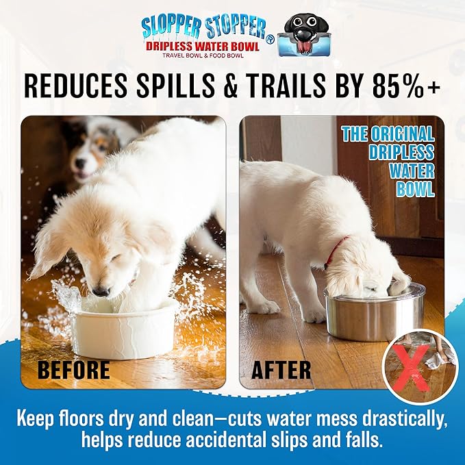 Slopper Stopper Stainless Steel Dripless Water Bowl with Tritan Plastic Lid, Holds 1 Gal, Reduces Spills & Trails Up to 85%+, Water Bowl for Mammoth Breed Dogs (131+ lbs), The Original Slobber Stopper