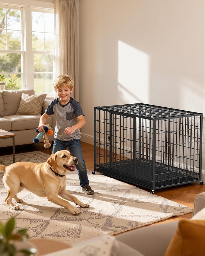 48 Inch Large Dog Crate, Escape Proof Dog Cage with Dual Door Lock and Swivel Casters,Removable Tray for Easy Cleaning, Dog Kennel Indoor Outdoor Use