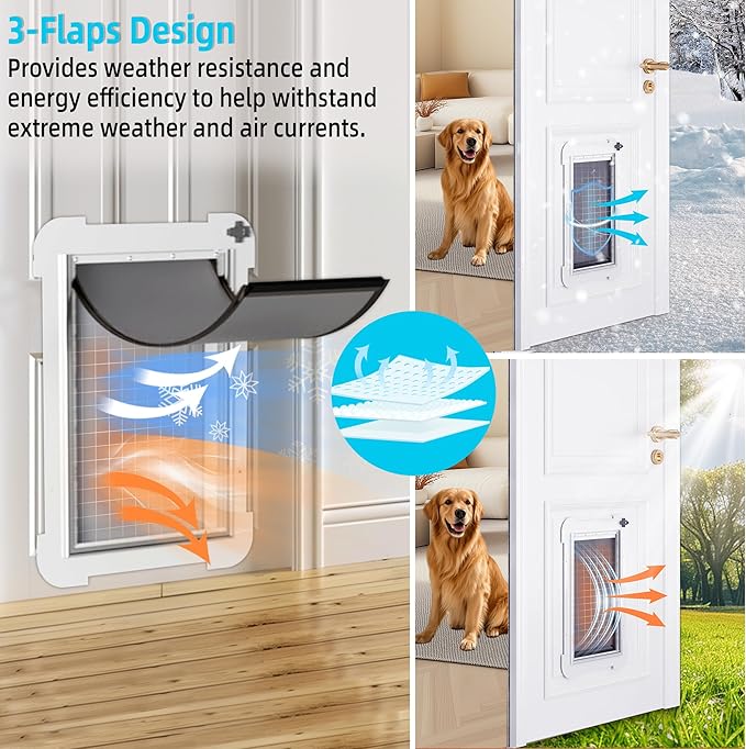 3-Flap Never Rust Extra Large Dog Door for Doors with Sliding Lock Panel, Steel Frame and Telescoping Tunnel, Extreme Weather Durable Doggy Door （Pets Up to 220 Lb）