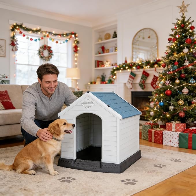 Durable Waterproof Plastic Dog House for Small to Large Dogs Indoor Doghouse Puppy Shelter with Air Vents and Elevated Floor, Outdoor Kennel for Yard, Patio, Garage, Easy to Assemble