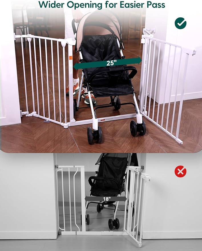 Babelio 72" Extra Wide Baby Gate, 30" Tall Auto Close Dog Fence for Stairs Kitchen Doorways Fireplace, Hardware Mounted Pet Gate Indoor, Foldable 3 Metal Panels, White