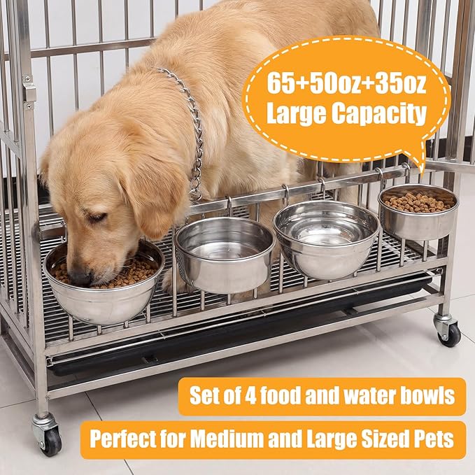 Zhehao 4 Pack Hanging Dog Water and Food Bowls for Kennel Cage, No Spill Dog Crate Water Bowl, Stainless Steel Bowls Dish for Dogs Crate Cage Accessories (35oz & 50oz & 65oz)