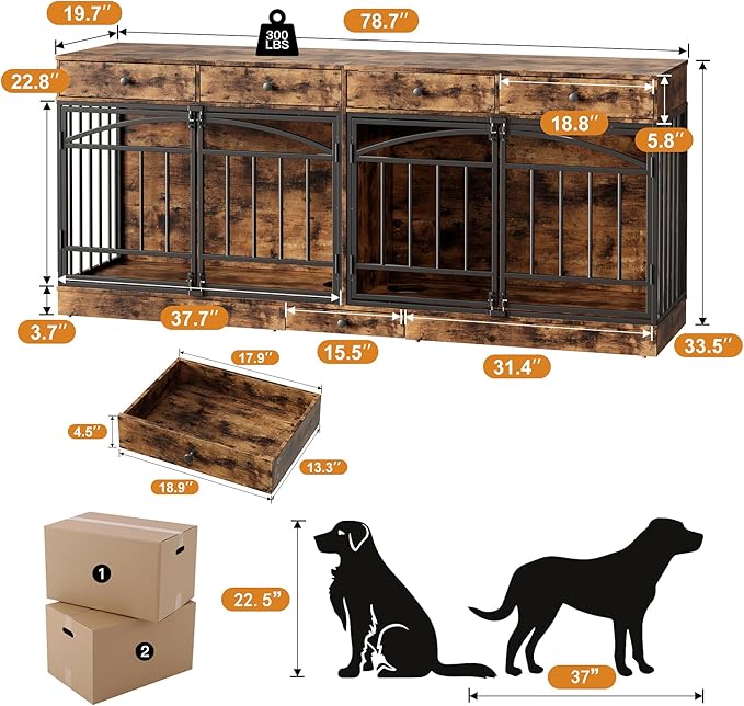 IDEALHOUSE 78.7" Double Dog Crate Furniture with Storage and 4 Doors, Dog Kennel Indoor with Feeding Bowls, Wood Dog Crate TV Stand for Small Medium Dogs, Brown
