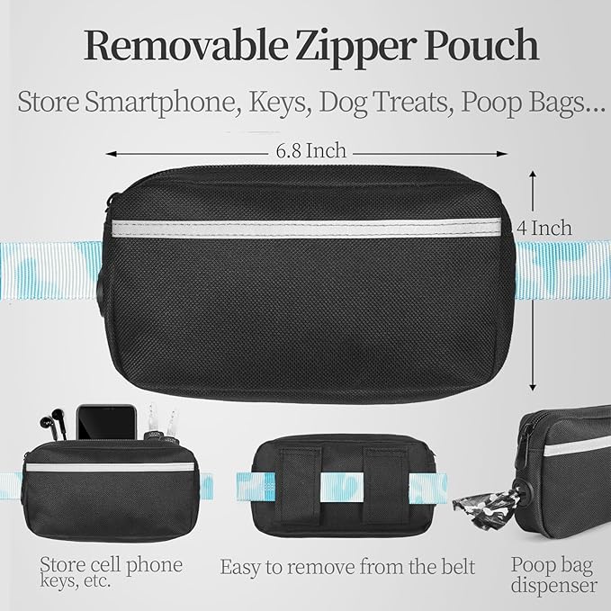 iYoShop Hands Free Dog Leash with Zipper Pouch, Dual Padded Handles and Durable Bungee for Walking, Jogging and Running Your Dog (White-Blue Mix, Large)