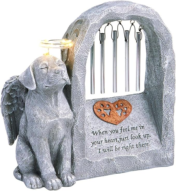 The Lakeside Collection Pet Memorial Statue Solar with Chimes and Lighted Halo Dog or Cat - Dog