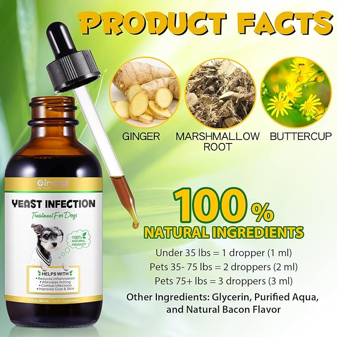 Dog Yeast Infection Treatment, Natural Yeast Infection Treatment for Dogs, Supports Dog Ear Infection Treatment and Allergy Itch Relief, Reduces Inflammation,Improve Coat & Skin, Bacon Flavor, 2 Fl Oz