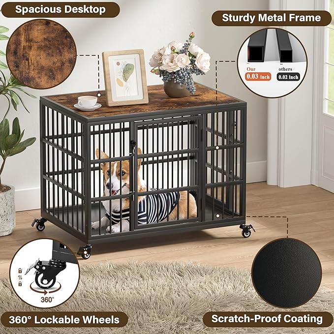 VERIFURTY 30 Inch Heavy Duty Dog Crate Furniture with Self-Locking Latch for Medium and Small Dogs, Escape-Proof Dog Kennel Furniture Indoor, Decorative Pet Cage End Table, Rustic Brown