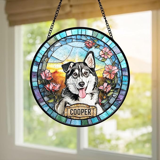 LOVELYPOD Custom Dog Stain Glass Suncatcher, Dog Photo Suncatcher, Pet Portrait Window Hanging, Loss of Dogs Memorial Gifts, Sympathy Gift, Pet Remembrance Gifts