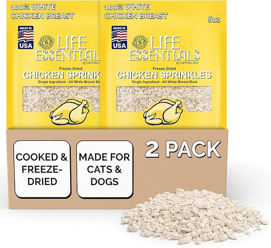 Life Essentials by Cat-Man-Doo Freeze Dried Chicken Sprinkles Dog & Cat Treats, Healthy Single Ingredient Training Treats for Dogs, Puppies & Cats, Made with Real Chicken – 5 oz (2 Pack)