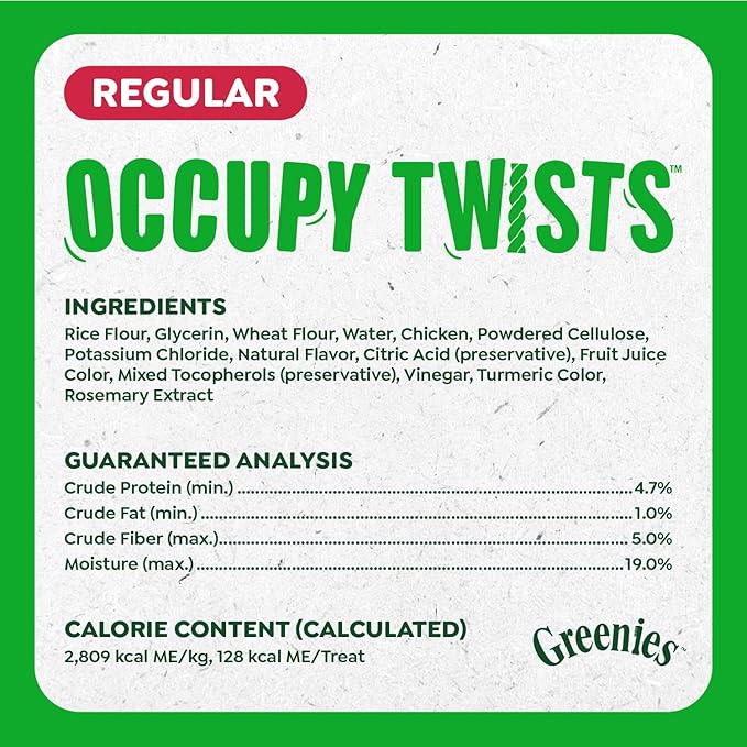 Greenies Occupy Twists Natural Dog Treats Regular Size Dog Chews Long Lasting Chicken Flavor, 17.2 oz. Pack, 12 Count