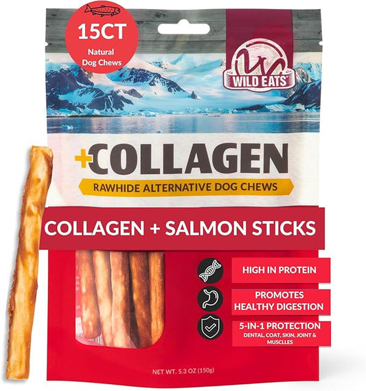Wild Eats Real Salmon Collagen Bully Sticks for Dogs, (15ct, 1cm Thick) Healthy Bully Stick - Long Lasting Dog Chew Treat