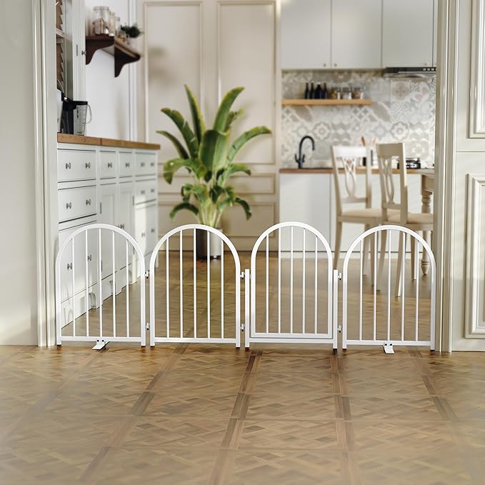 Full Metal Dog Gate with Door for Indoor Outdoor, 24" Tall Free Standing Pet Dog Fence, 72" Extra Wide Pet Gates for Stairs, Hallways, Doorways, Kitchen, Decks, Yards (White, 4 Panels)