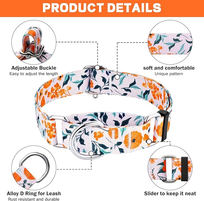 Hikiko Martingale Collar for Dogs with No Buckle Flower Dog Collars Comfortable Nylon Training Collar for Small Dogs,Retro Orange Flower,S
