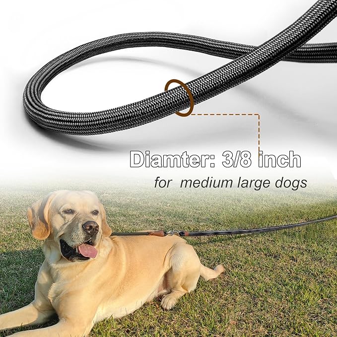 65FT Dog Tie Out Leash, Long Tether 8-10-13-15-20-25-30-35-40-50 FT Nylon Rope Check Cord for Medium Large Dogs Outdoor Yard Playing Camping Backyard (Black, 3/8")