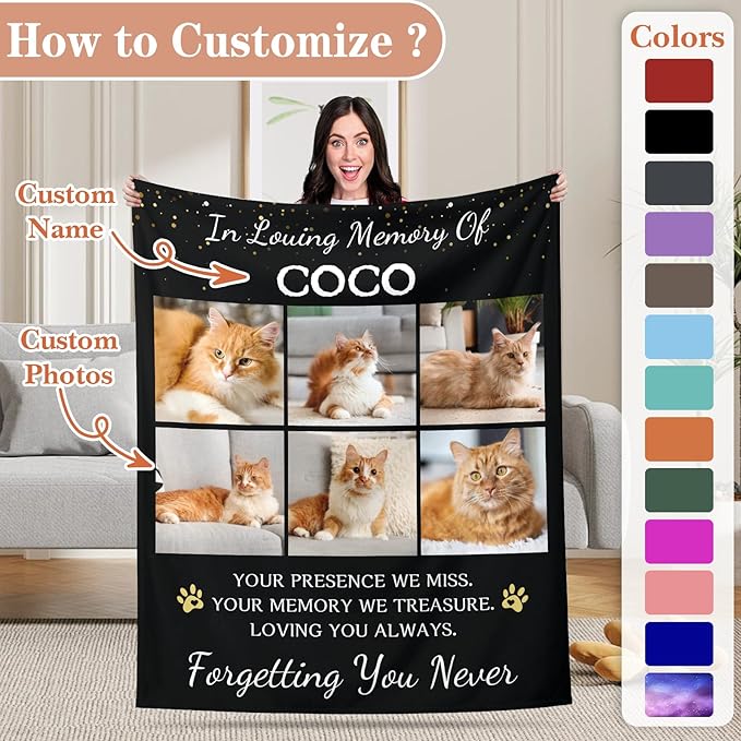 Pet Memorial Blanket Gift - Personalized Dog Memorial Blanket with Photo Name, Pet Sympathy Gifts for Dogs Lovers, Custom Loss of Dog Grief Blankets, Pets Remembrance Bereavement Gifts (6 Photos)