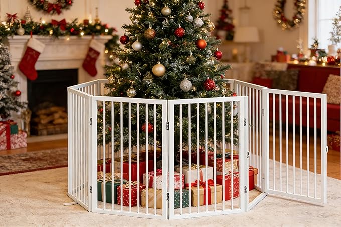 Vantas Folding No-Assembly Metal Pet Gate 160" Wide, 32" Extra Tall Dog Gate with Door Walk Through, Freestanding Accordion Puppy Gate Dog Door for Indoor & Outdoor, with 4PCS Support - White