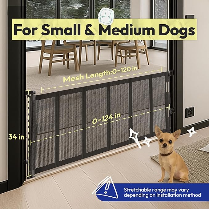 34" H Tall Mesh Dog Gate Extends Up to 120" W Retractable Pet Gate with Drill Installation, Preventing Crawling Through for Stairs, Doorways, Indoor & Outdoor (Black)