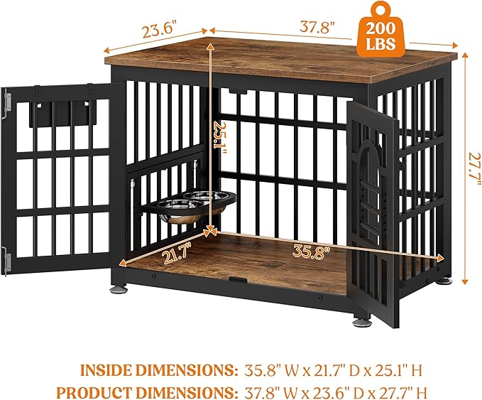 Lulive Dog Crate Furniture 37.8" Wooden Dog Kennel Table with Bowls Heavy Duty Dog Crates for Small/Medium/Large Dogs, Dog Kennel Furniture Indoor as TV Stand End Table,Brown