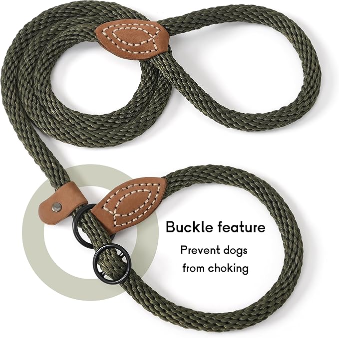 Mile High Life Slip Leads for Dogs | Heavy Duty Dog Training Leash | 5 Feet No Pull Slip Leashes w Leather Tip | Dark Green Rope Lead for Dogs Outside
