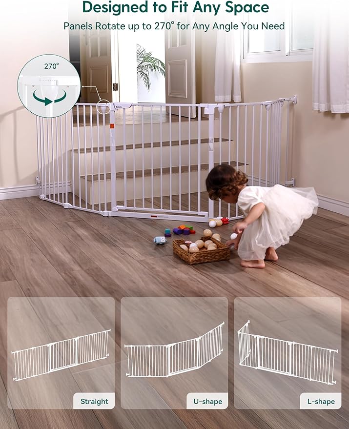 Babelio 104" Extra Wide Baby Gate, 30" Tall Auto Close Dog Fence for Stairs Doorways Fireplace, Hardware Mounted Pet Gate Indoor, Foldable 5 Metal Panels, White