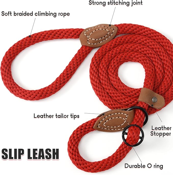 Mile High Life Slip Leads for Dogs | Heavy Duty Dog Training Leash | 5 Feet No Pull Slip Leashes w Leather Tip | Red Rope Lead for Dogs Outside