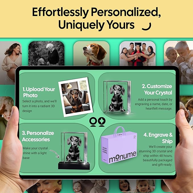 Monume 3D Pet Memorial Frame (3.6"x2.6") – Laser Engraved 3D Crystal Photo Made from Clear-Cut Crystal Glass – Custom Dog Memorial Gifts for Remembrance Keepsake of Dog or Cat
