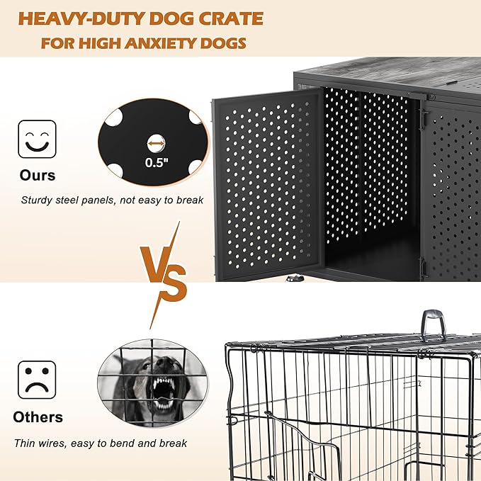 42" Heavy Duty Dog Crate Furniture for Large and Medium Dogs, Enclosed Design with 0.5 inch Holes, Indestructible Metal Kennel for High Anxiety Dogs, Chew Proof Pet House Cage Indoor