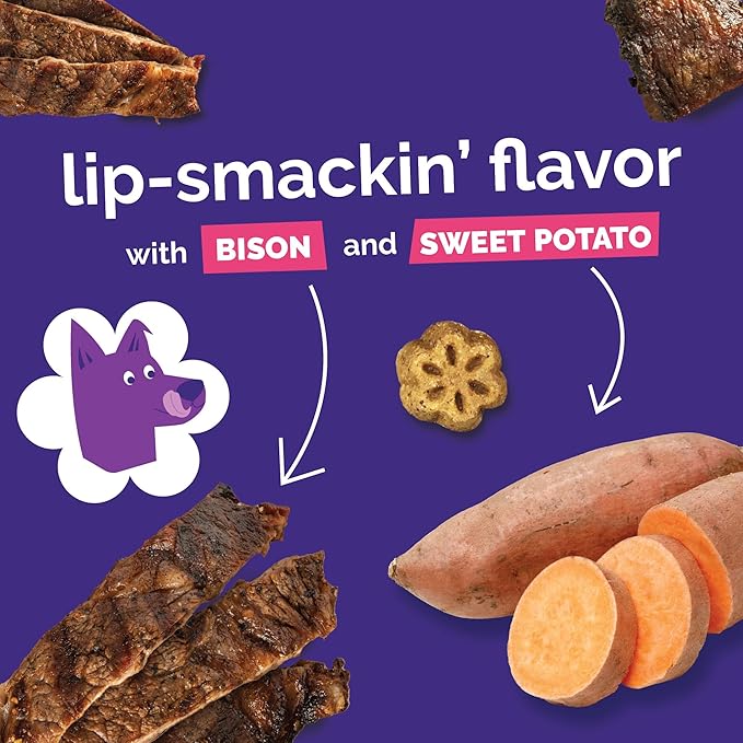 Fruitables Skinny Mini Dog Treats, Healthy Sweet Potato Treat for Dogs, Low Calorie & Delicious, Puppy Training, No Wheat, Corn or Soy, Made in The USA, Grilled Bison Flavor, 12oz