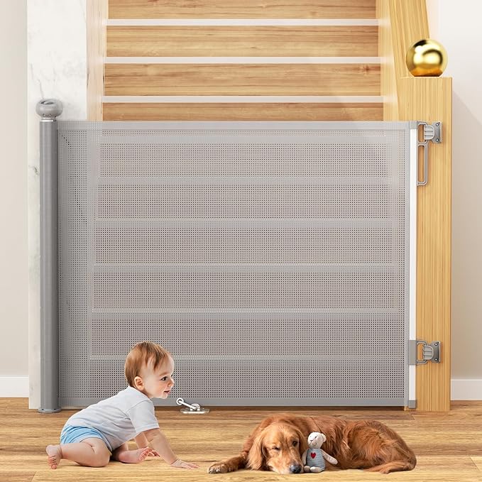 Uamector Retractable Baby & Dog Gate, Adjustable Mesh Safety Gate Extends to 72" Wide 34" Tall for Stairs Doorways, Indoor Outdoor Use