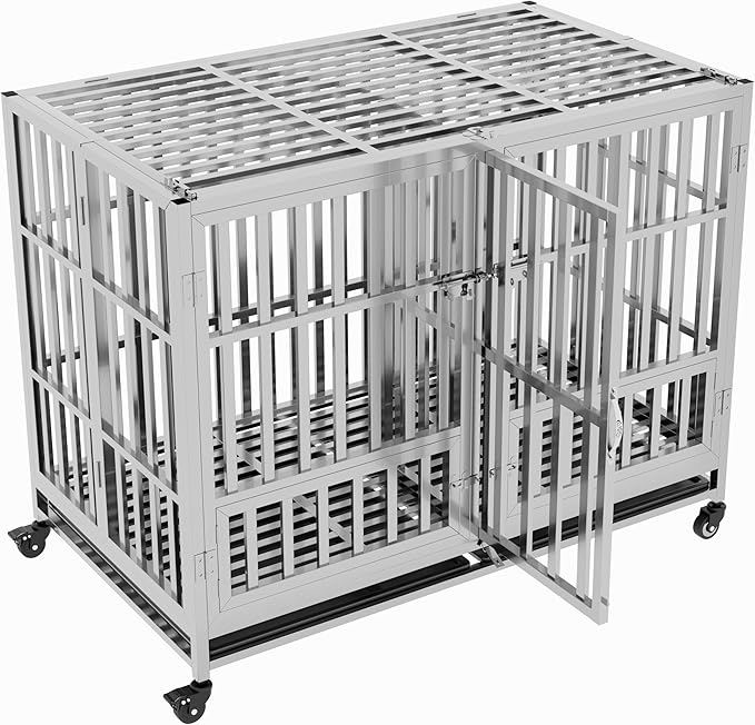 37" 42" 48" Heavy Duty Dog cage Stainless Steel Metal Kennel and Crate, Collapsible for Medium to Large Dogs, Easy to Assemble pet Pen with Four Lockable Wheels, Black Tray (sm-48in)