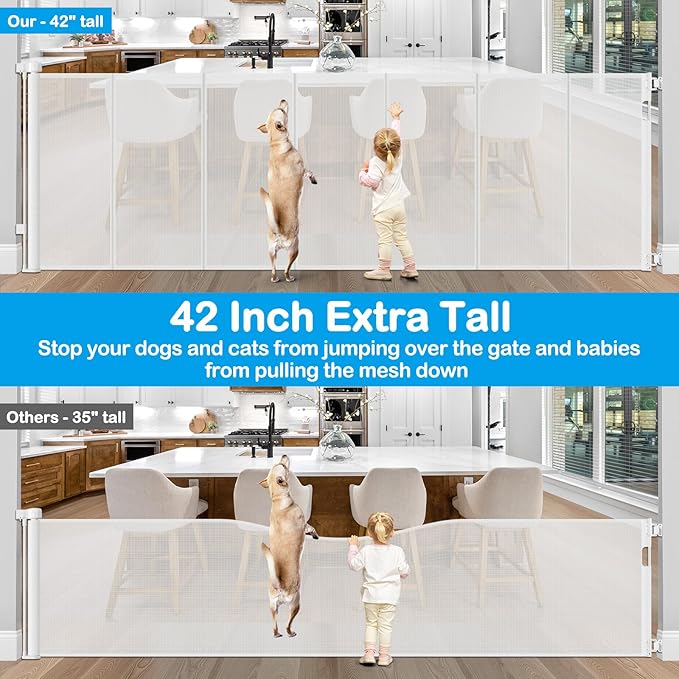 Reinforced 42" Tall X 120" Extra Wide Retractable Baby Gate Extra Long Baby Gates for Large Openings Prevent Kids and Pets from Jumping Over Retractable Pet Gate Reinforced Puppy Gates for Dogs, White