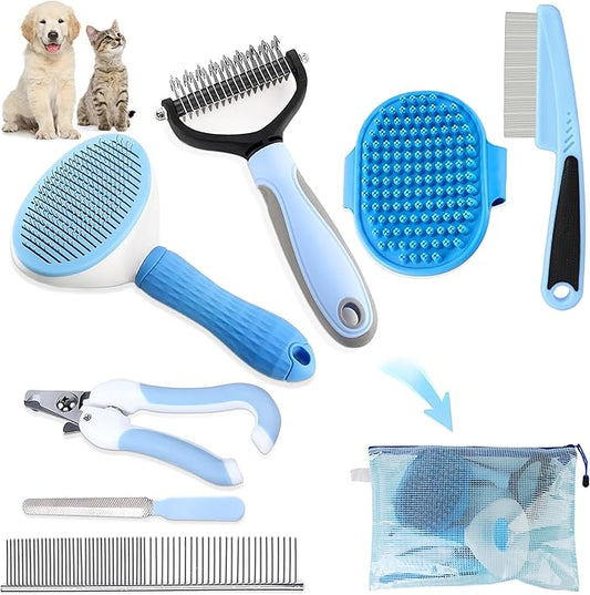 Dog Brush Dog Grooming Kit 7PCS Dog Brush for Shedding-Dog Brushes for Grooming, Dematting Comb for Dogs, Cat Nail Clipper with Nail File, Flea Comb, Pet Comb, Pet Bath Brush-Blue