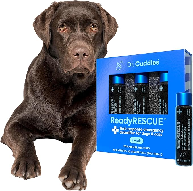 Dr. Cuddles ReadyRESCUE Activated Charcoal Powder for Dogs and Cats - Veterinary-Grade Pet First Aid Kit Essential - Fast Acting Emergency Poison Binder - Safe and Travel Ready - 30 g Pack of 3