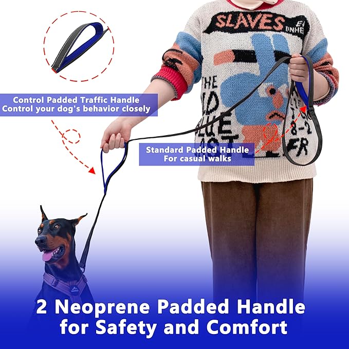 Dog Leash 4ft Long, Double Handle Dog Leash for Safety Control Training, Heavy Duty Dog Leads with Traffic Padded Handles, Reflective Leashes for Small Medium Large Dogs(4ft, Black Blue)