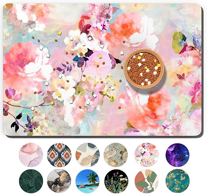 Dog Food Mat, 16" x 24" Flower Absorbent Dog Cat Bowl Mat for Food and Water, Cute Anti-Slip Rubber Pet Feeding Rug Protect Floors, Placemat for Feeding & Watering Supplies, Pink