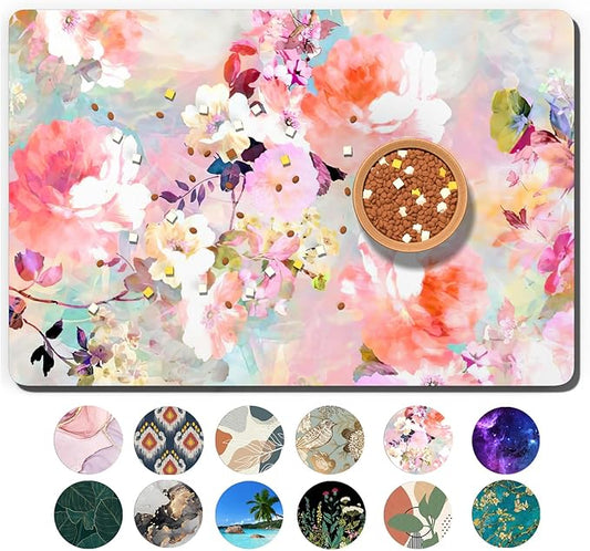 Dog Food Mat, 16" x 24" Flower Absorbent Dog Cat Bowl Mat for Food and Water, Cute Anti-Slip Rubber Pet Feeding Rug Protect Floors, Placemat for Feeding & Watering Supplies, Pink