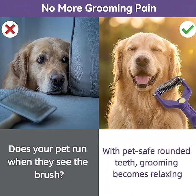 3-in-1 Dog Dematting Comb - Stainless Steel Undercoat Rake with Flea Remover & Deshedding Tool, Professional Grooming Brush for Long-Haired Dogs and Cats, Effortlessly Removes Matted Hair