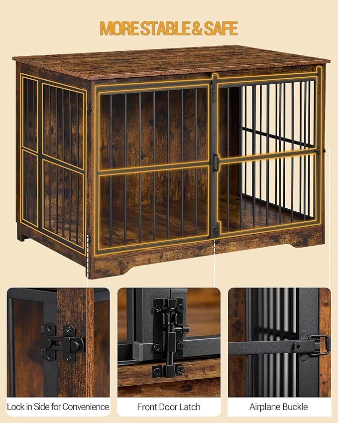 XL Large Dog Crate Furniture, 44.1" Indoor Dog Kennel Furniture with Barn Door, Wooden Tall Dog Crate, Heavy Duty Dog Cage for Large Dogs, Side End Table, Anti-Chew, Rustic Brown DFC80101B
