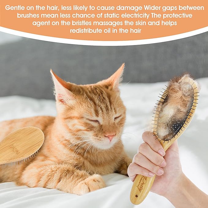 Dog Grooming Brush - 20mm Stainless Steel Round Pins, Bamboo Handle, No Scratch Brush for All Hair Types (1Pc)