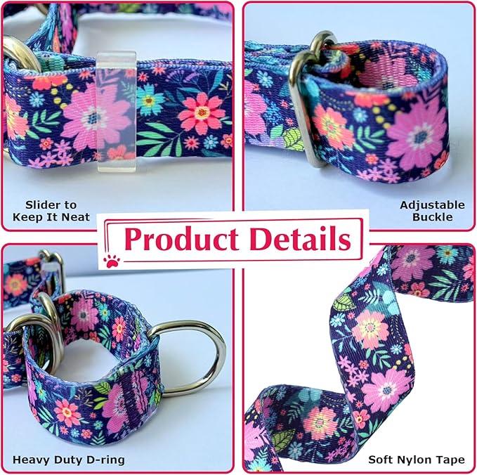 Martingale Dog Collar for Small Medium Large Pet Dogs，No-Slip Escape Proof Choke No Pull Dog Collar for Male and Female Dogs Walking Running Training -Bohemia Flowers L