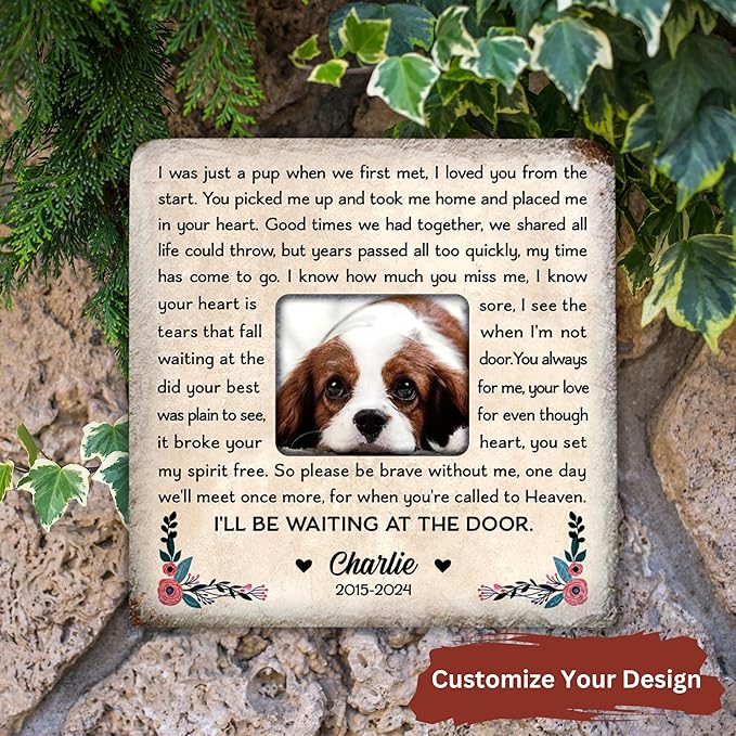 Wrappiness Pet Memorial Stone - I Will Be Waiting at Door, Personalized Dog Memorial Gifts, Remembrance Condolences Bereavement Gifts for Loss of Pet Custom Photo (Square 02, Stone)