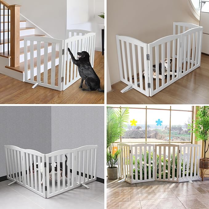 Freestanding Dog Gate Indoor,Doggie Gate Foldable Dog Gates for Doorways,Stairs or Hallways, Wooden White Pet Gate for The House, Pet Fence with Support Feet Included,32 "Height-3 Panels