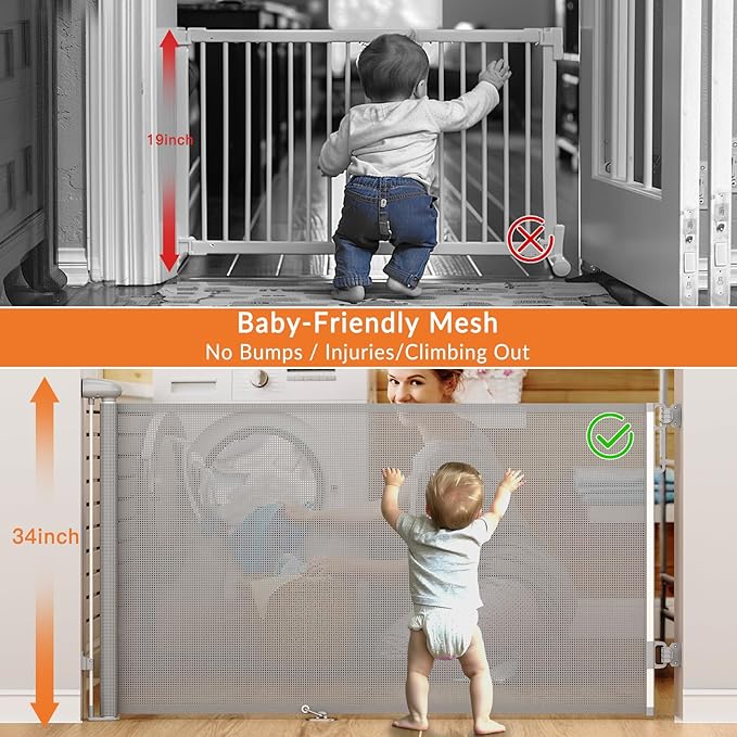Uamector Retractable Baby & Dog Gate, Adjustable Mesh Safety Gate Extends to 72" Wide 34" Tall for Stairs Doorways, Indoor Outdoor Use