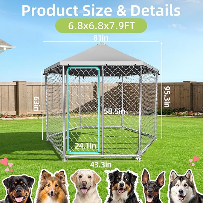 6.8'x6.8' Large Outdoor Dog Kennel for Outside with Heavy-Duty Steel Frame, Waterproof UV-Resistant Cover, Secure Lock, and Sturdy Enclosure Fence